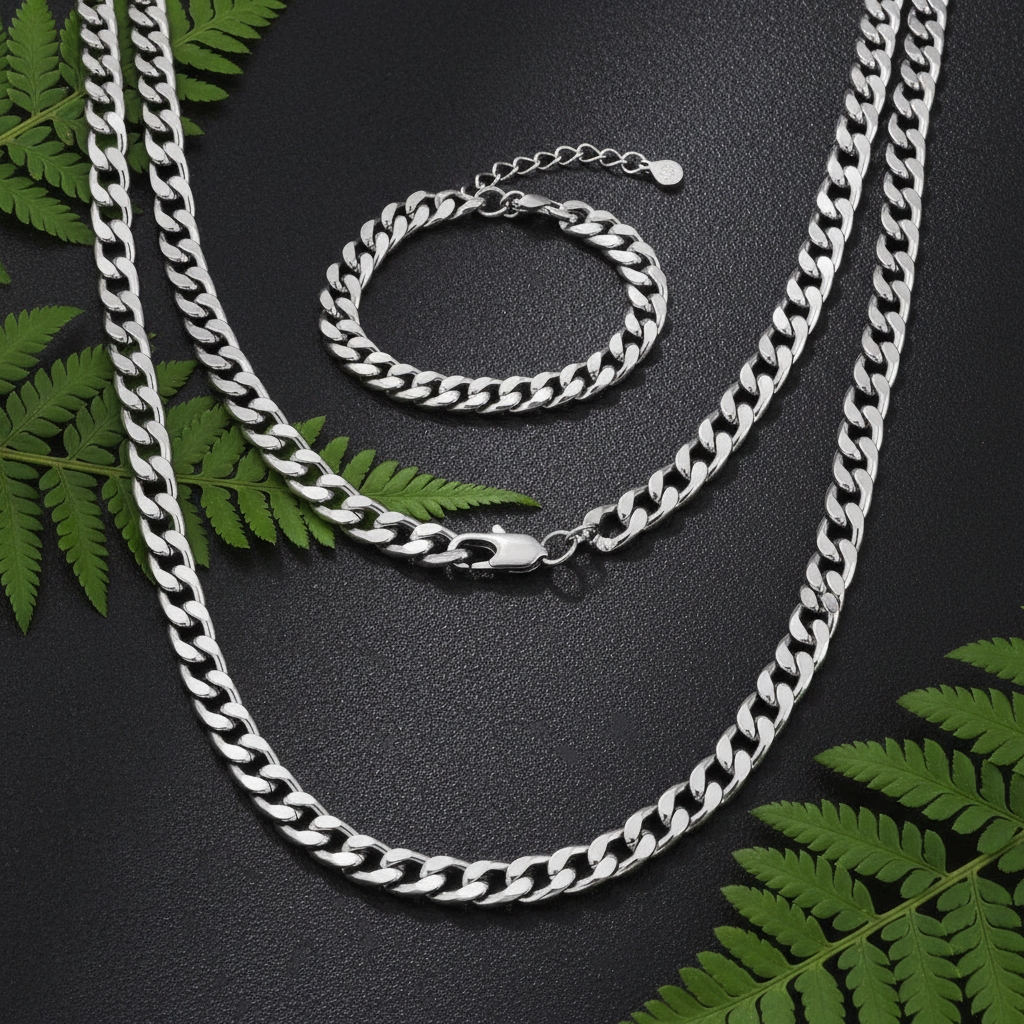 Cuban Link Chain and Bracelet Set - silver set without cross pendant