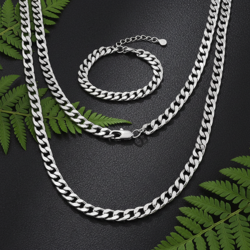 Cuban Link Chain and Bracelet Set - silver set without cross pendant