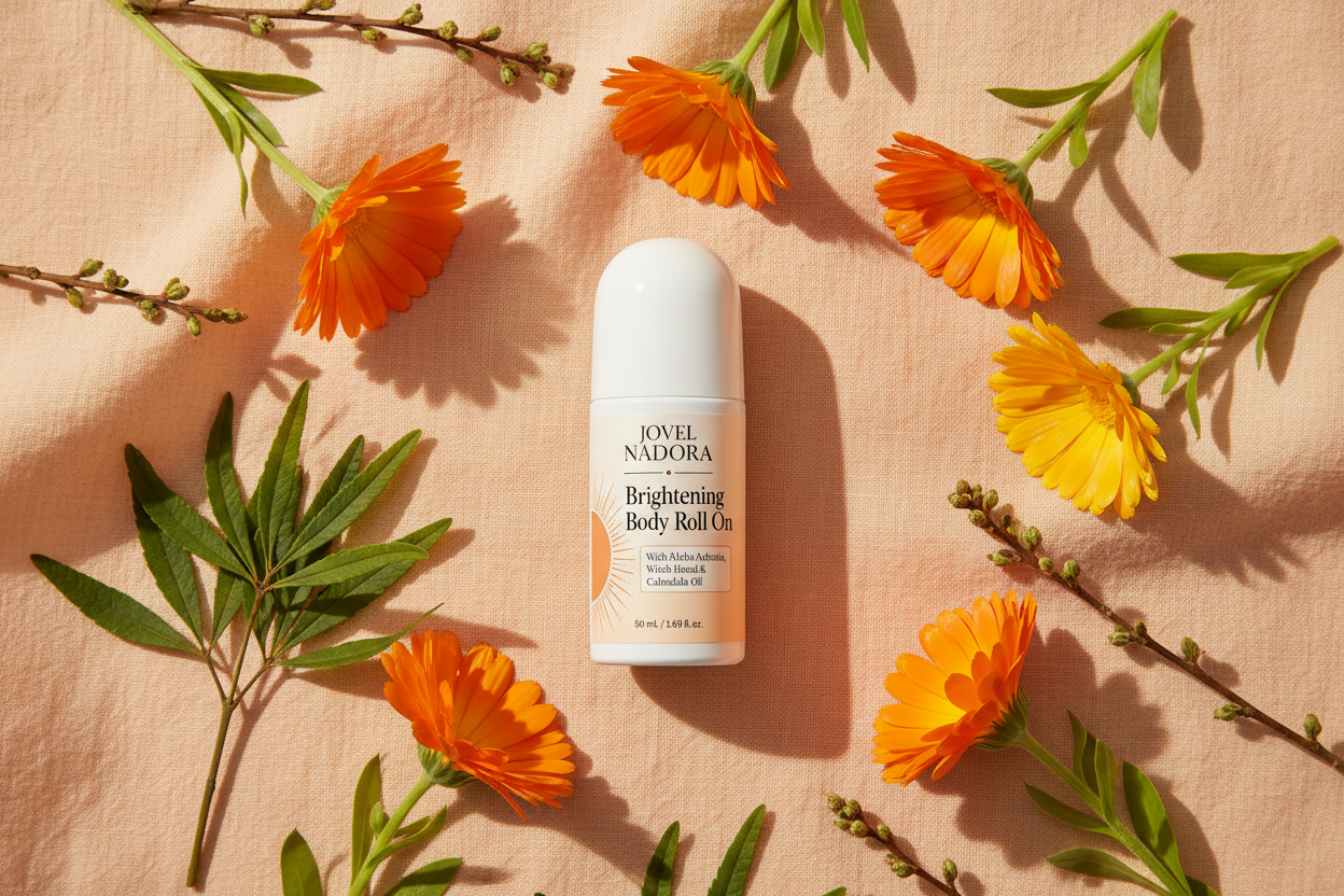Jovel Nadora Brightening Body Roll On calendula flatlay