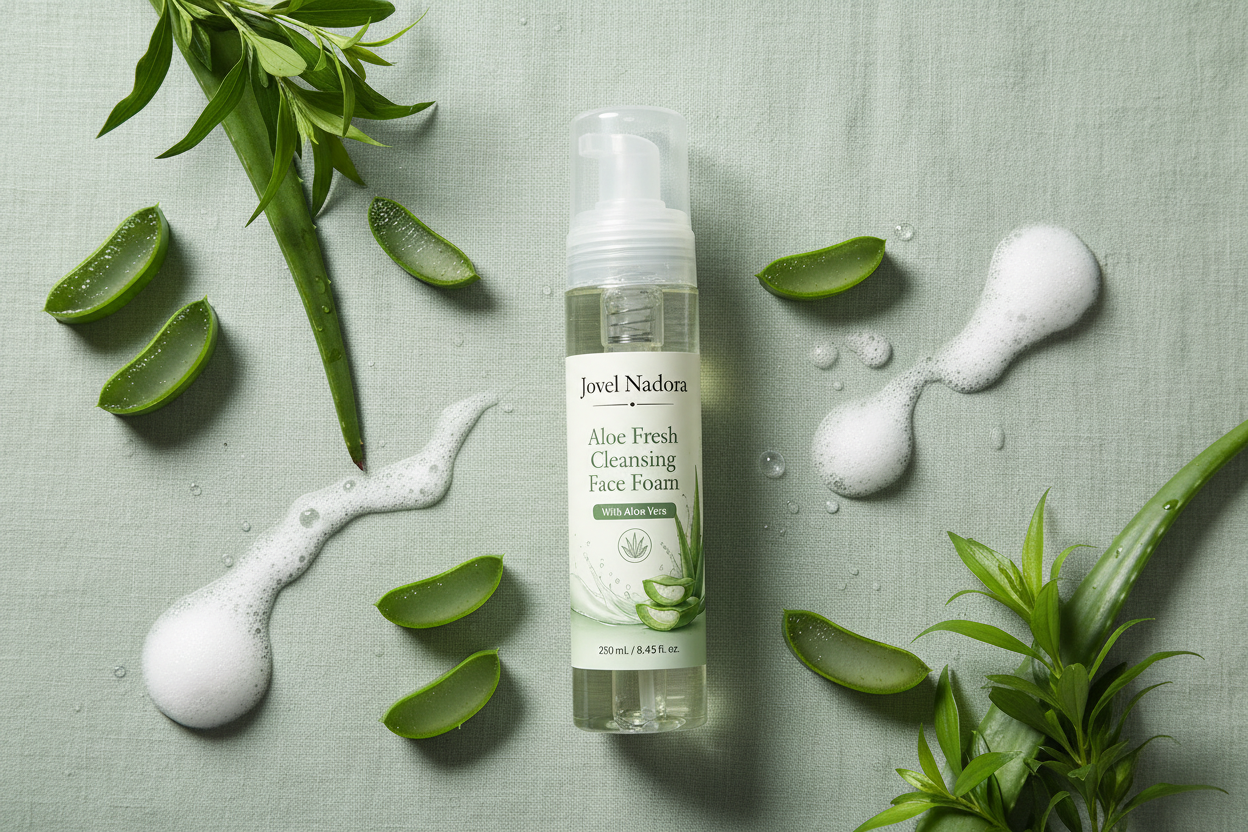 Jovel Nadora Aloe Fresh Cleansing Face Foam botanical flatlay