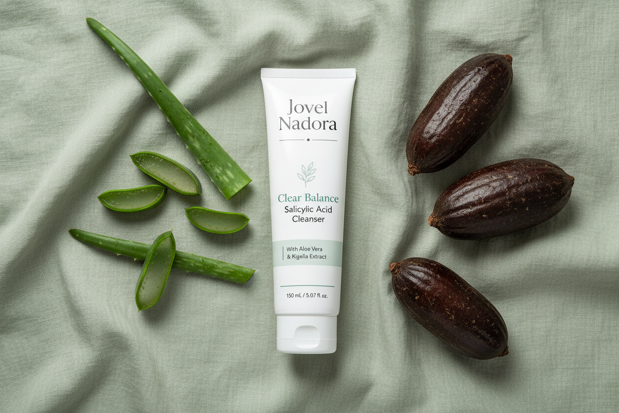 Jovel Nadora Clear Balance Cleanser kigelia botanical flatlay