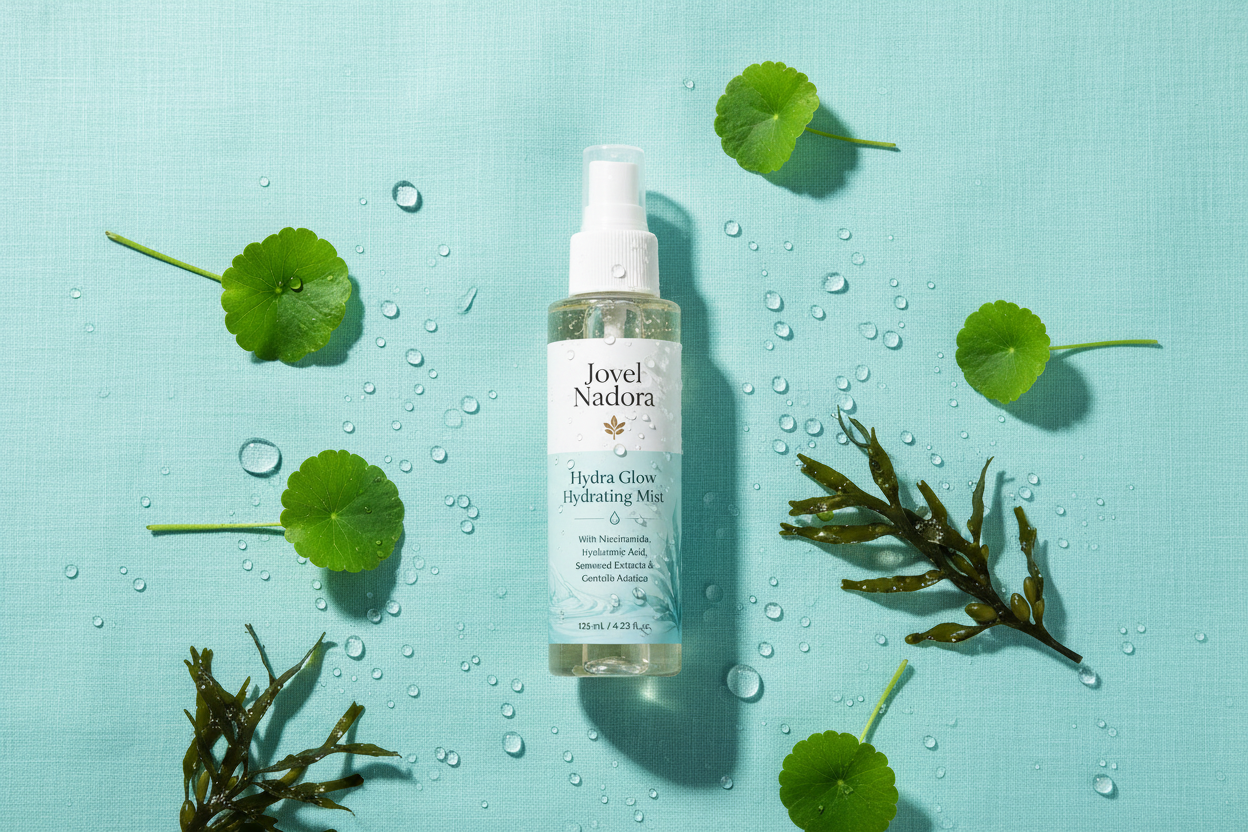 Jovel Nadora Hydra Glow Mist seaweed centella flatlay
