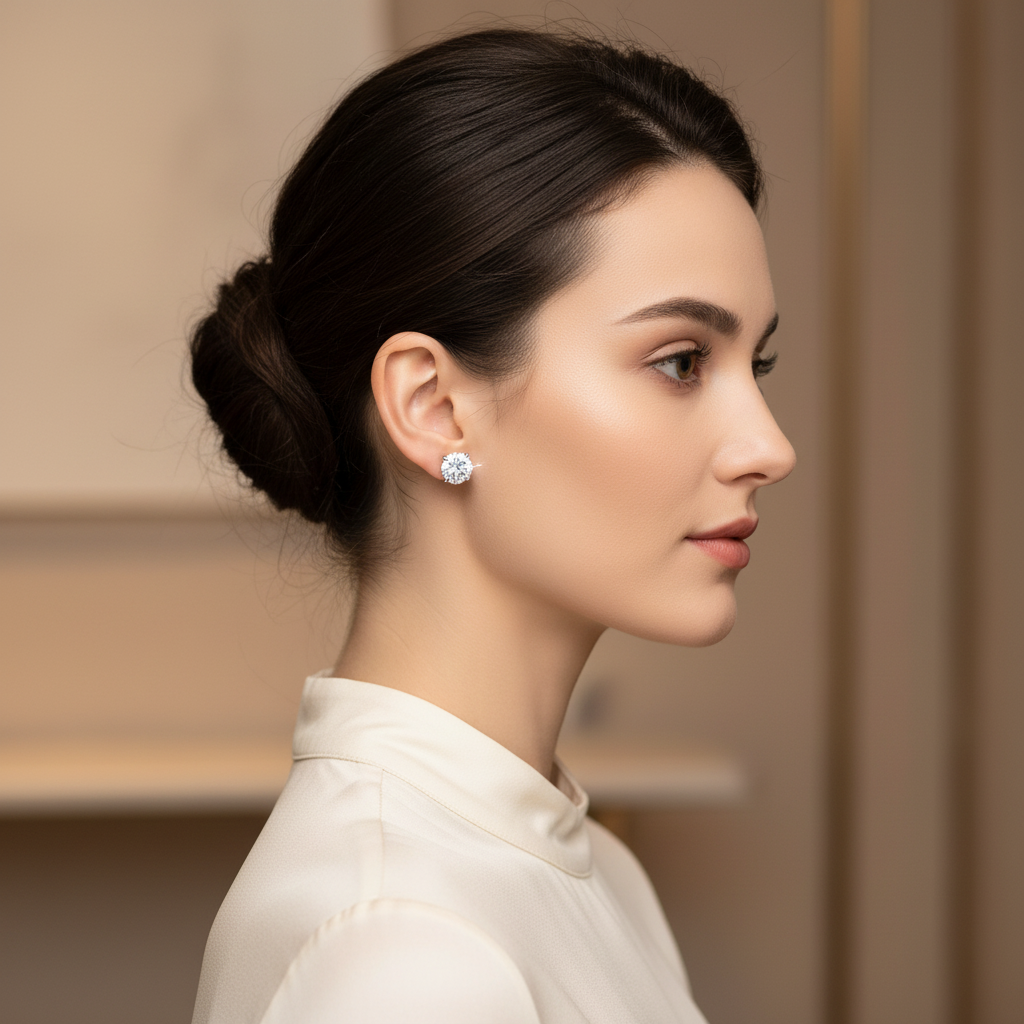 Signature Shine Studs worn - side profile lifestyle