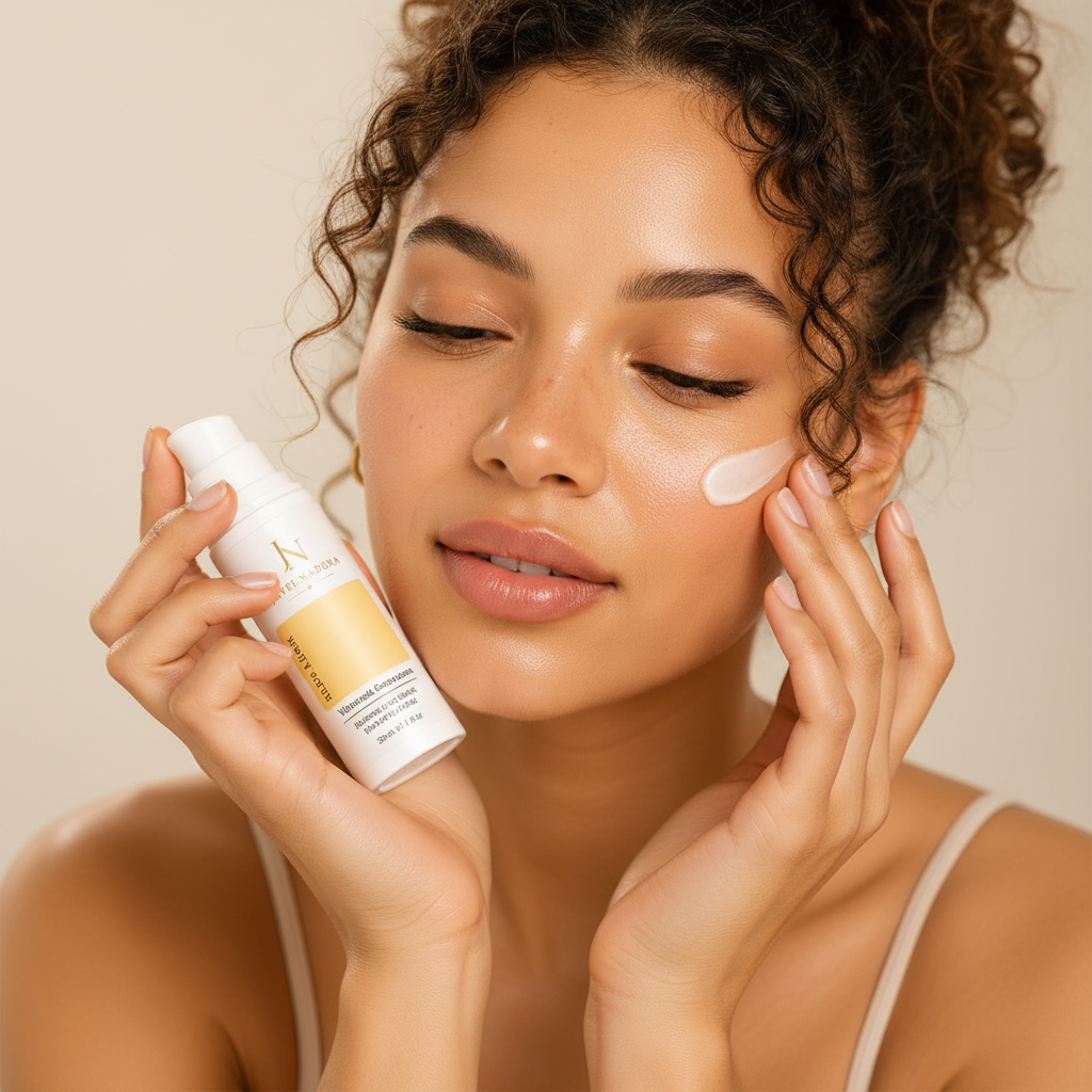 Woman applying Radiance Trinity serum lifestyle shot
