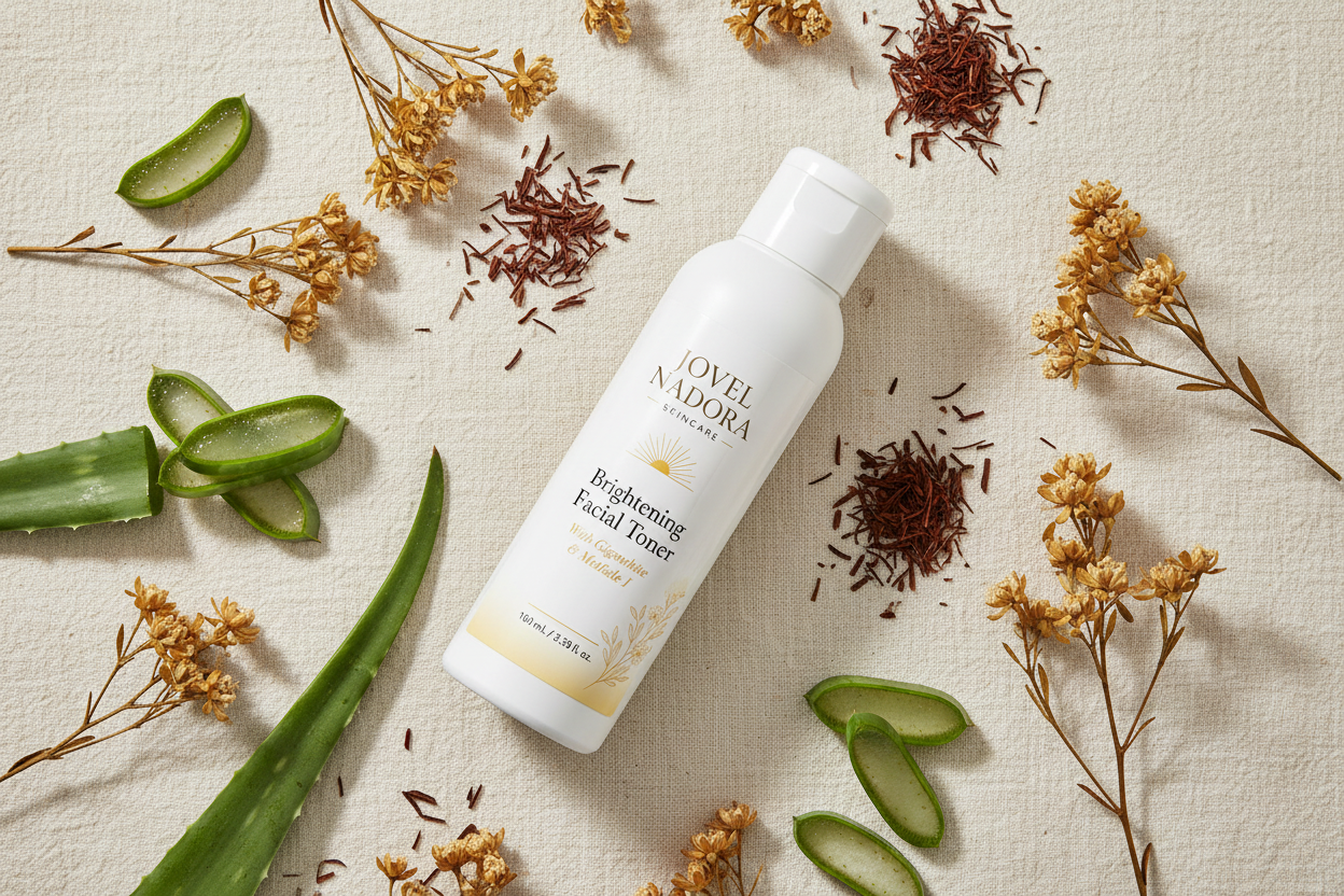 Jovel Nadora Brightening Facial Toner rooibos botanical flatlay