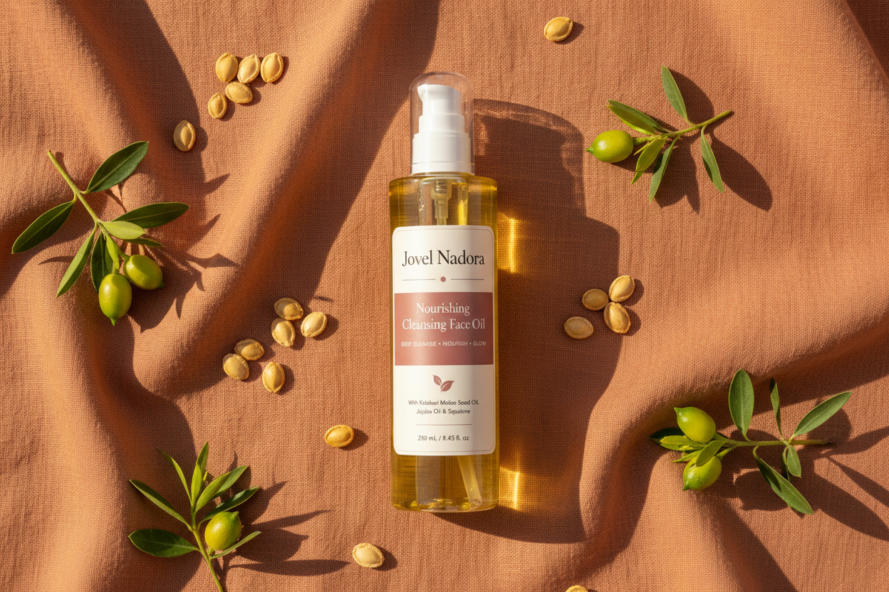 Jovel Nadora Cleansing Face Oil Kalahari botanical flatlay