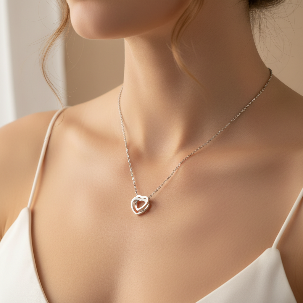 Entangled Hearts Pendant worn - lifestyle shot