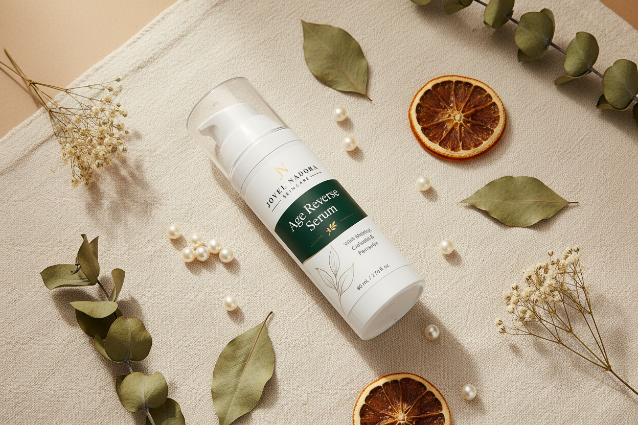 Jovel Nadora Age Reverse Serum pearls botanicals flatlay
