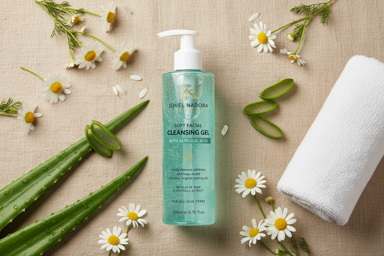 Jovel Nadora Soft Facial Cleansing Gel chamomile flatlay
